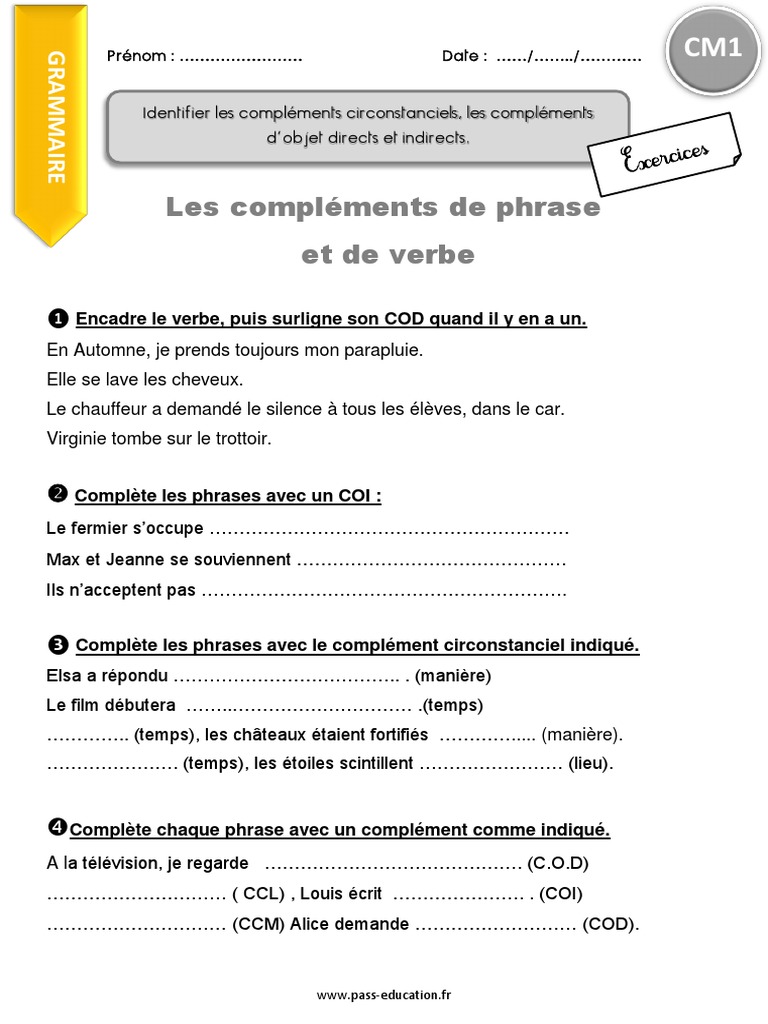 Exercice Complément Du Verbe Cm1 à Imprimer Identifier Les Compléments Circ Les Cod Et Coi .CM1 Exercices PDF | PDF