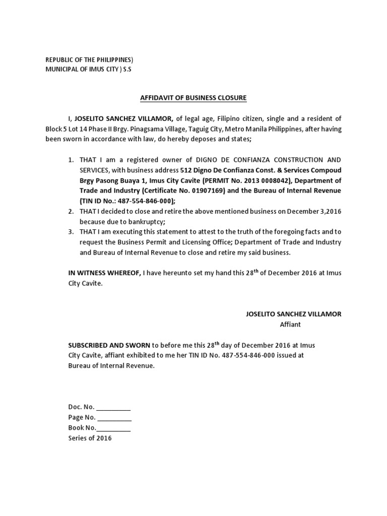 Affidavit Of Business Closure Pdf Affidavit Document