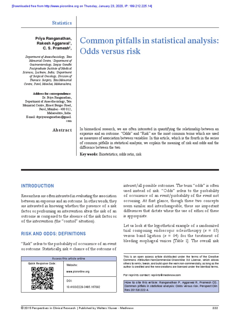 Common Pitfalls In Statistical Analysis Odds Versus Risk Pdf Relative Risk Odds Ratio