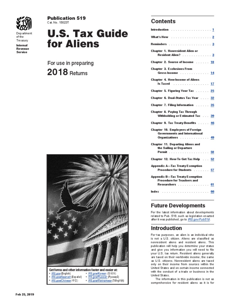 IRS PUB 519 US TAX GUIDE FOR ALIENS TAX TREATIES (2018) 68 Pages