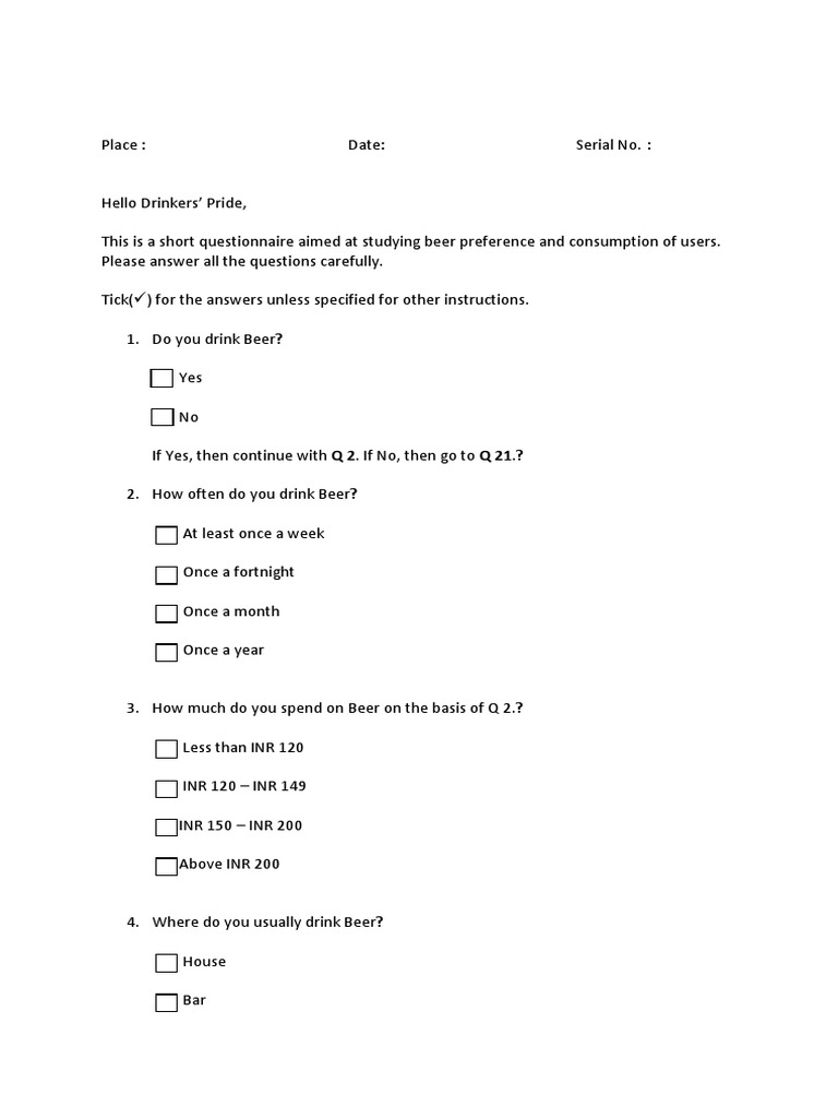 Questionnaire For Bira PDF Beer Brewing