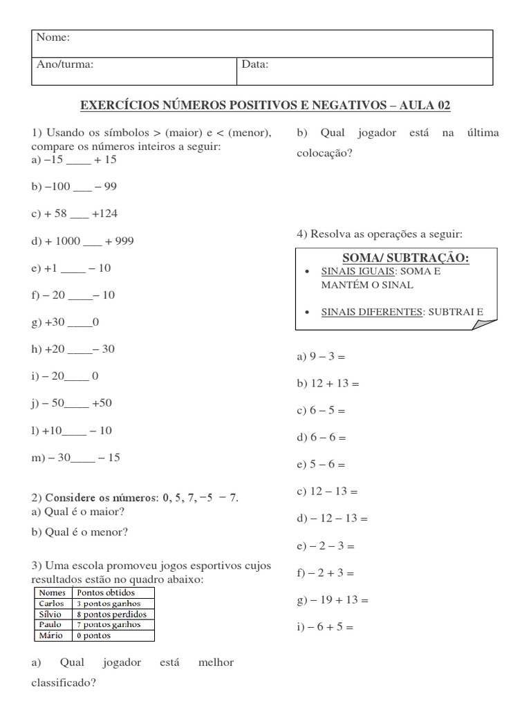 7o Ano - Exercício - NÚMEROS POSITIVOS E NEGATIVOS - AULA 02 | PDF ...