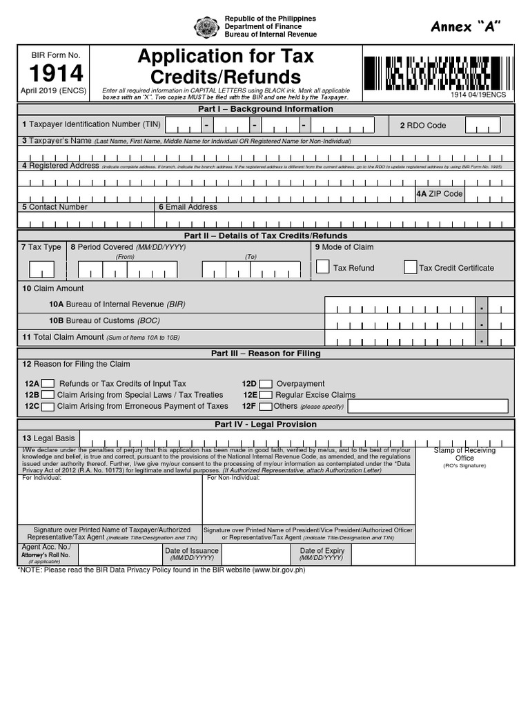 1914 April 2019 ENCS Annex A PDF | PDF | Tax Refund | Taxpayer