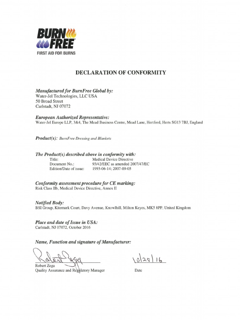 BurnFree Declaration of Conformity Dressing Blankets Intl. PDF
