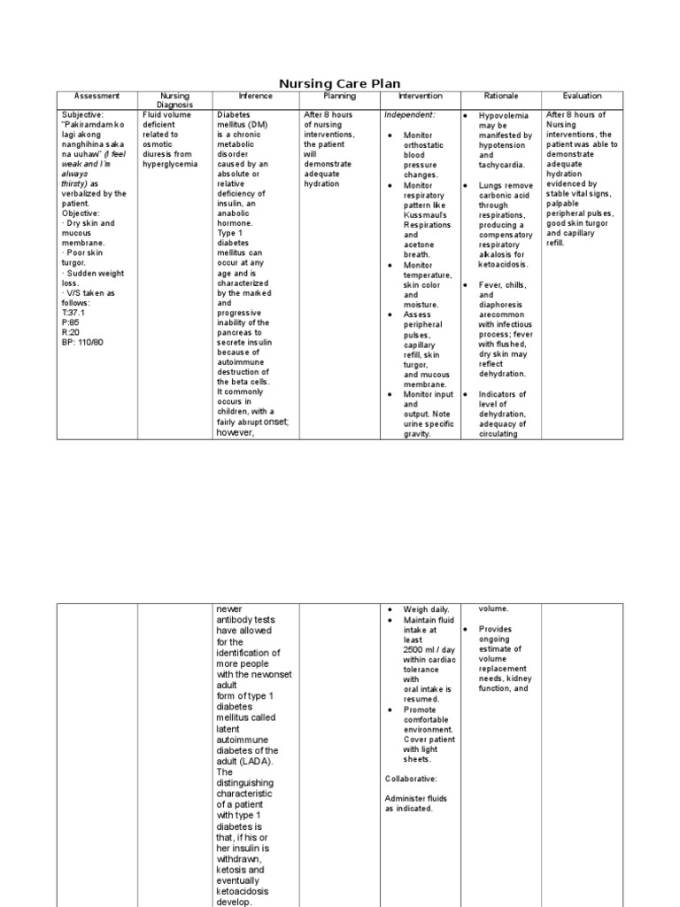 Nursing Care Plan for Type 1 Diabetes | PDF | Diabetes | Medical ...
