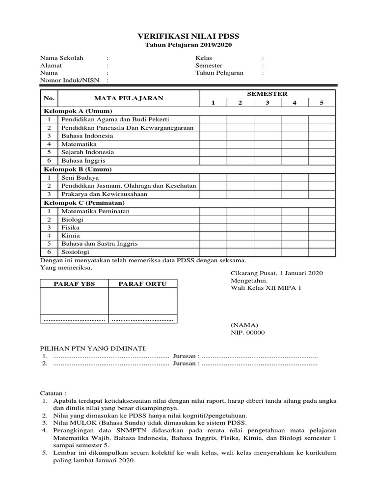 Verifikasi Nilai PDSS Siswa 2019/2020 | PDF
