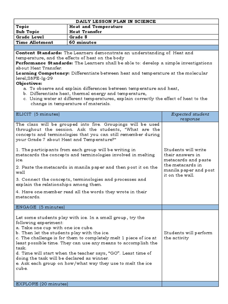 Heat and Temperature Lesson Plan for Grade 8 | PDF | Heat | Temperature