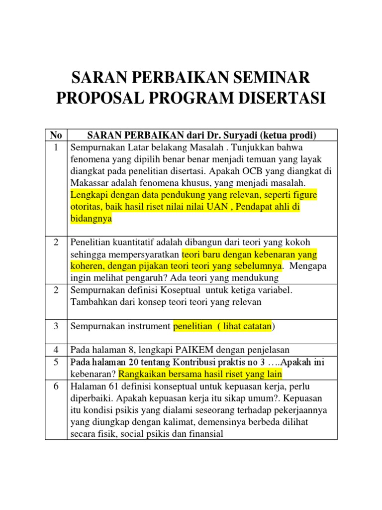 Saran Perbaikan Proposal Disertasi | PDF