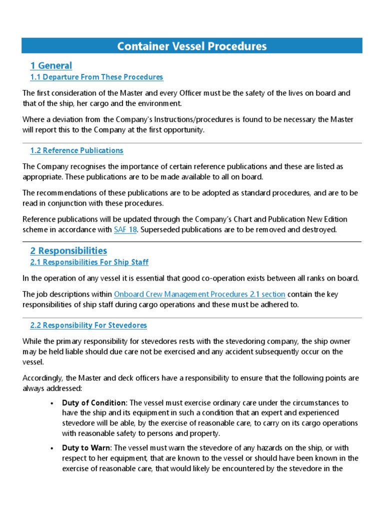 Vessel Stevedore Responsibilities Guide | PDF | Containerization | Ships
