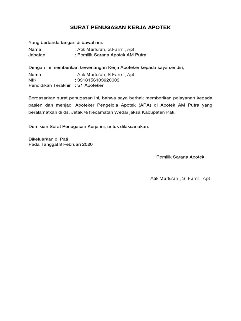 Surat Penugasan Kerja Apotek