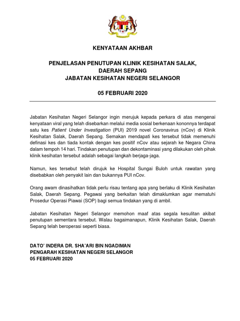 Kenyataan Akhbar Jkns Kk Salak Daerah Sepang 5 Februari 2020 Pdf