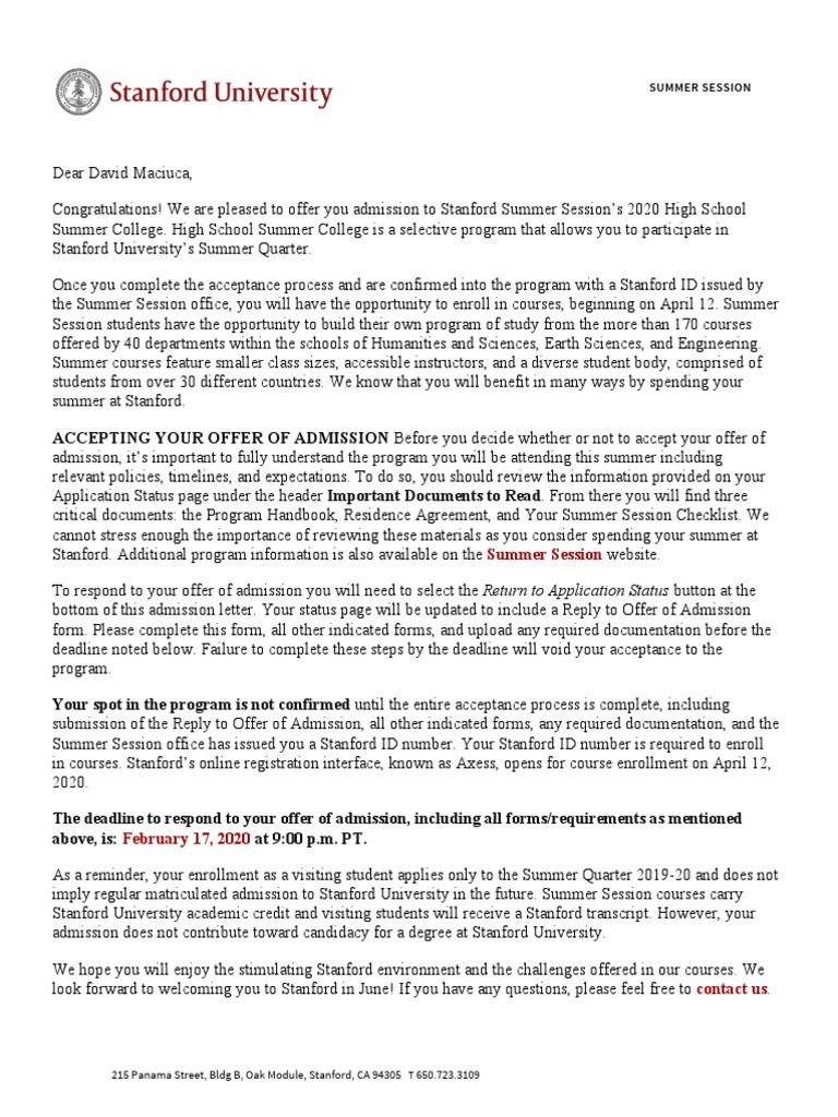 Letter PDF | PDF | Stanford University | University And College Admission