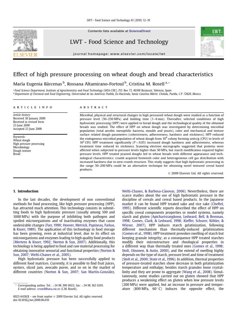 Effect of High Pressure Processing On Wheat Dough and Bread | PDF ...