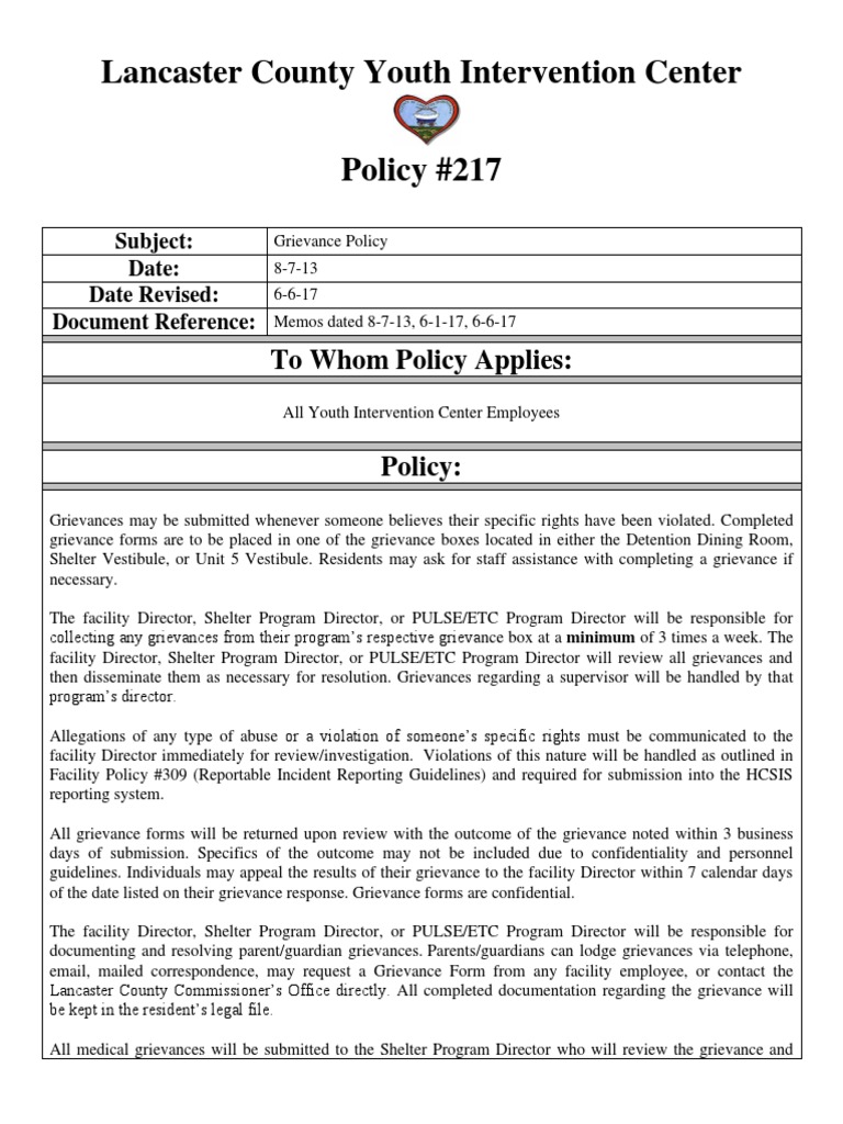 Lancaster County Youth Intervention Center Grievance Policy PDF