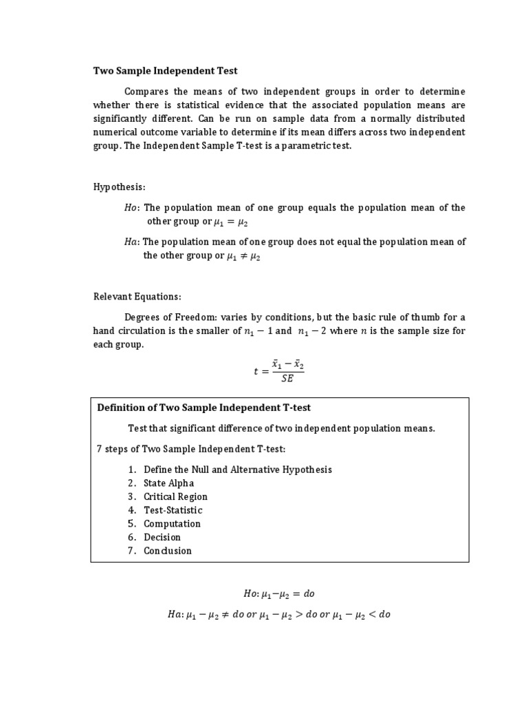 Independent T-Test Hypothesis Guide | PDF | Statistical Hypothesis ...