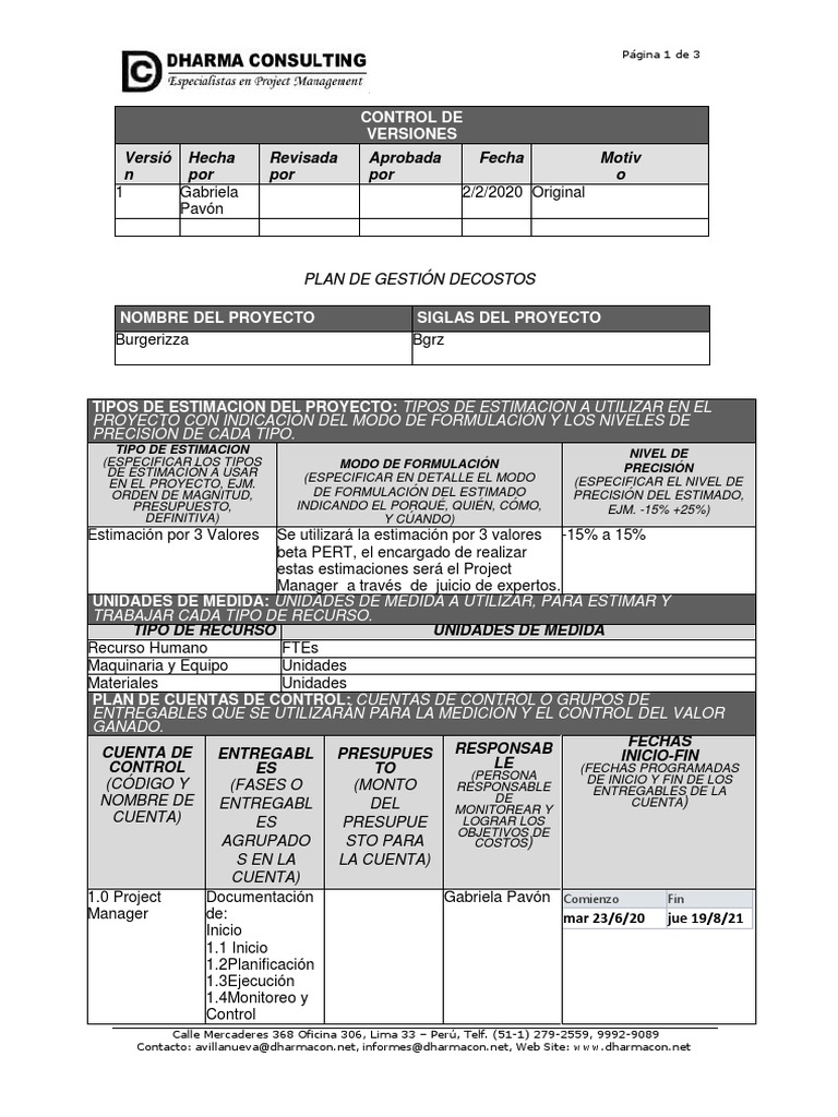 Plan de Gestión de Costos del Proyecto | PDF | Presupuesto | Medición