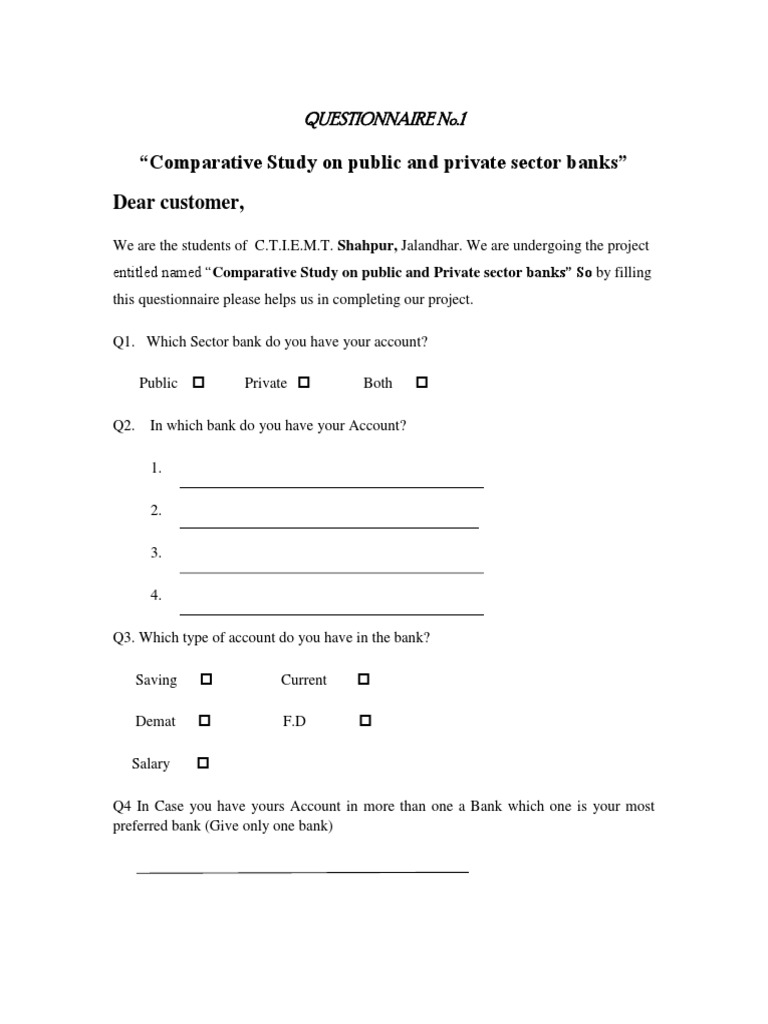 Questionnaire Comparative Study On Public Bank and Private Bank. | PDF ...