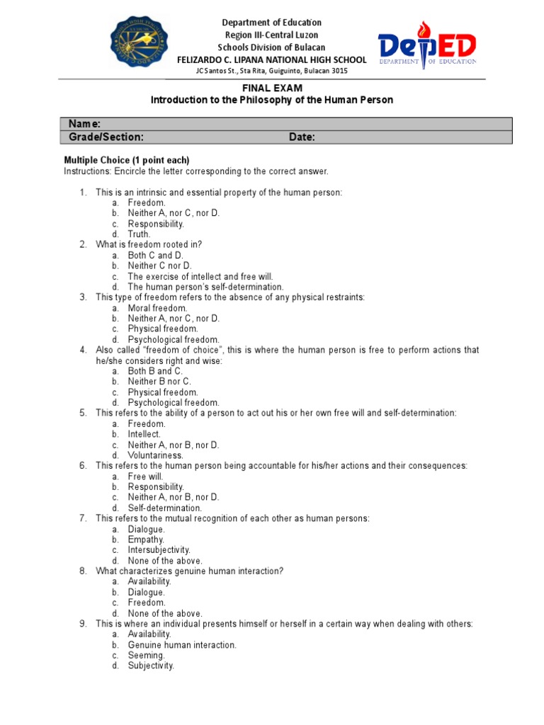 Philosophy Final Exam Questions | PDF | Free Will | Society