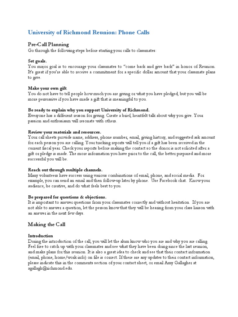 Reunion Call Script and Guidelines | PDF | Communication