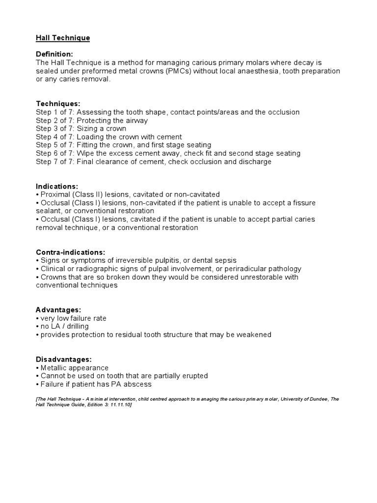Hall Technique, Stepwise Excavation, Partial Caries Removal Technique PDF Dentin Dentistry