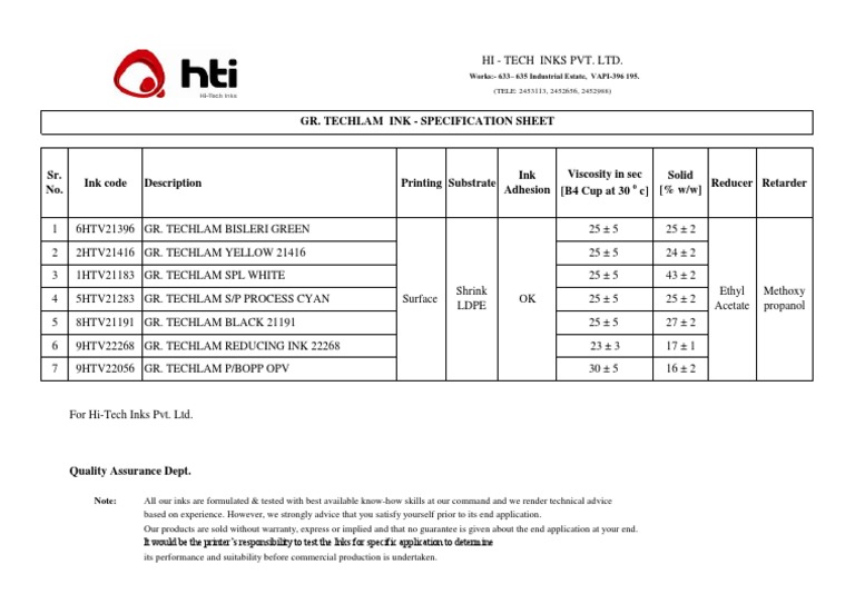 GR. TECHLAM Ink Specification Sheet from HiTech Inks Pvt. Ltd. listing