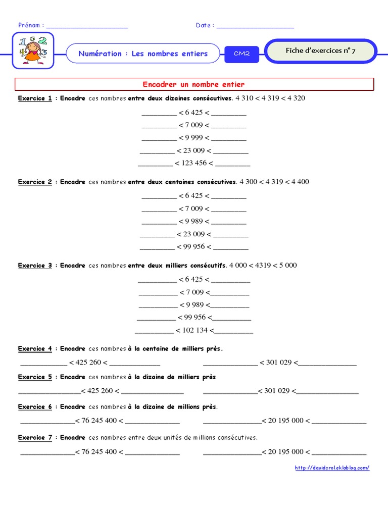 évaluation Nombres Décimaux Cm2 Avec Correction Fiche Exo 7 Encadrer Nombres Entiers Exos | PDF