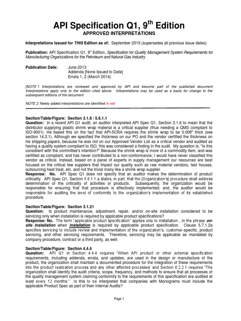 API Q1 9th Edition Interpretations | PDF | Verification And Validation ...