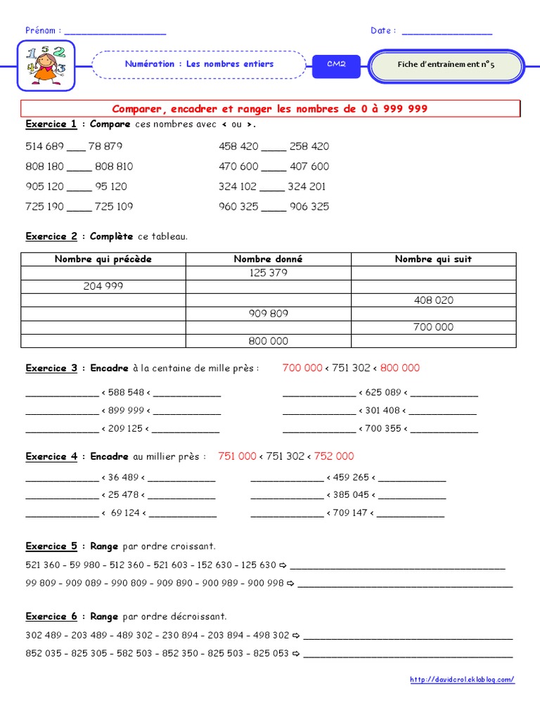 Exercices Comparer Ranger Encadrer Des Nombres Entiers Cm2 Pdf Fiche 5 Comparer Encadrer Et Ranger Les Nombres de 0 A 999 999 | PDF