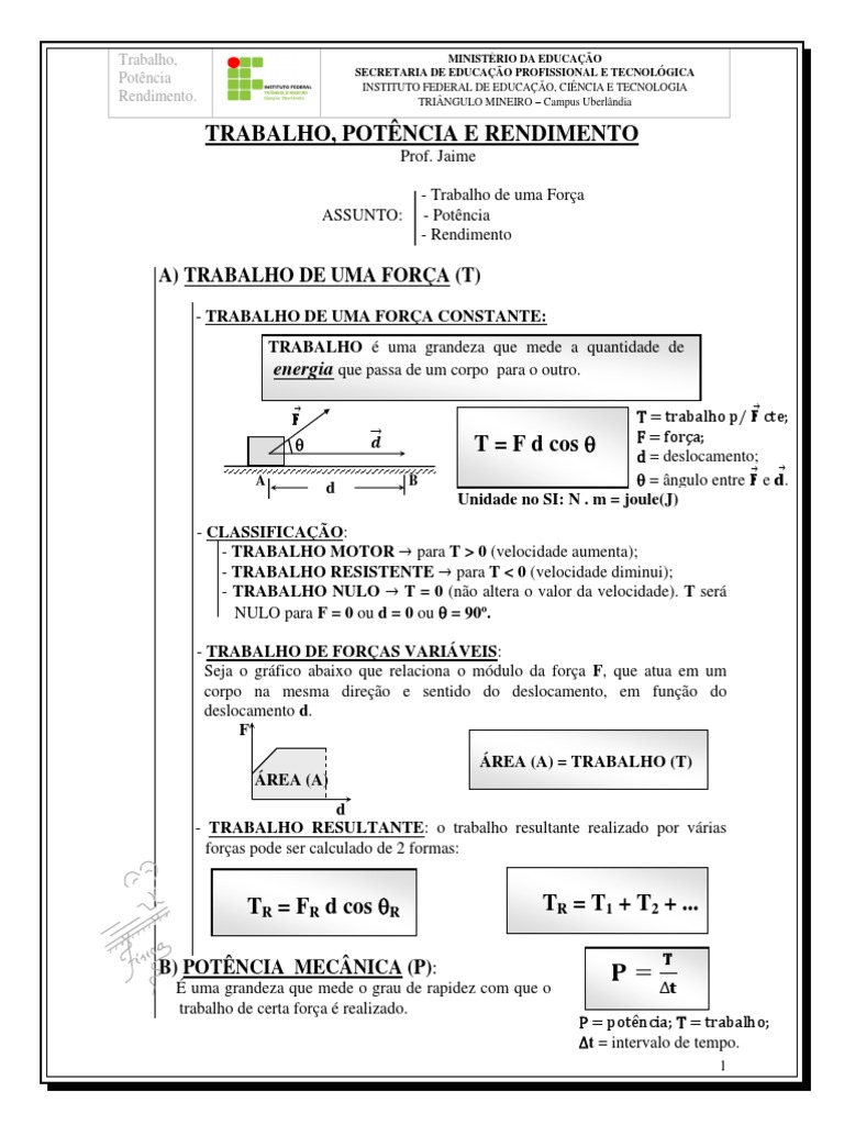 Trabalho, Potência e Rendimento na Física | PDF | Energia potencial ...