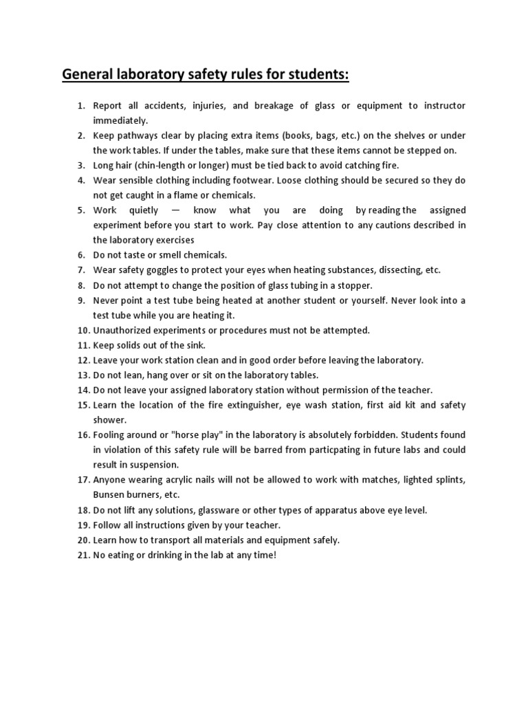 General Laboratory Safety Rules For Students PDF