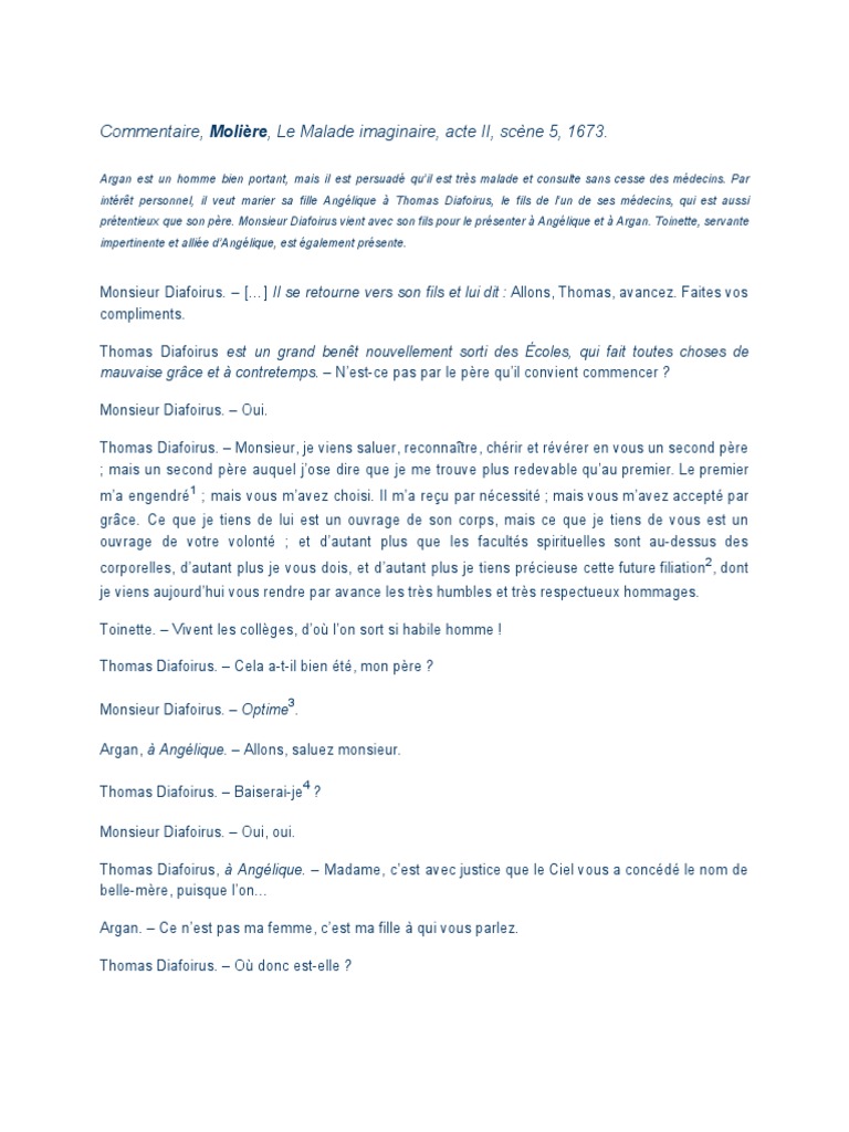 Le Malade Imaginaire Acte 1 Scene 5 Commentaire, Molière, Le Malade Imaginaire, Acte II, Scène 5, 1673-2 PDF |  PDF