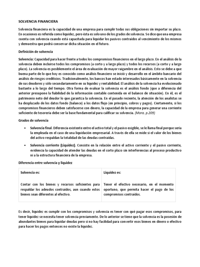 Medición y Análisis de Solvencia Financiera | PDF | Liquidez de mercado ...