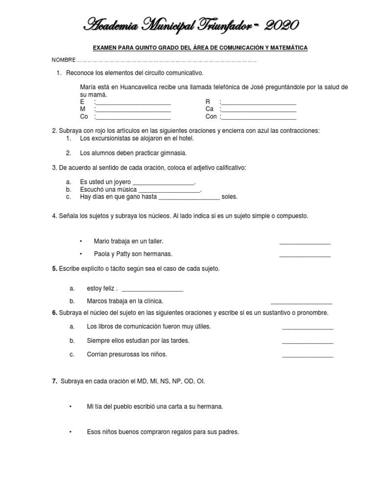Examen de Comunicación y Matemáticas 5to | PDF
