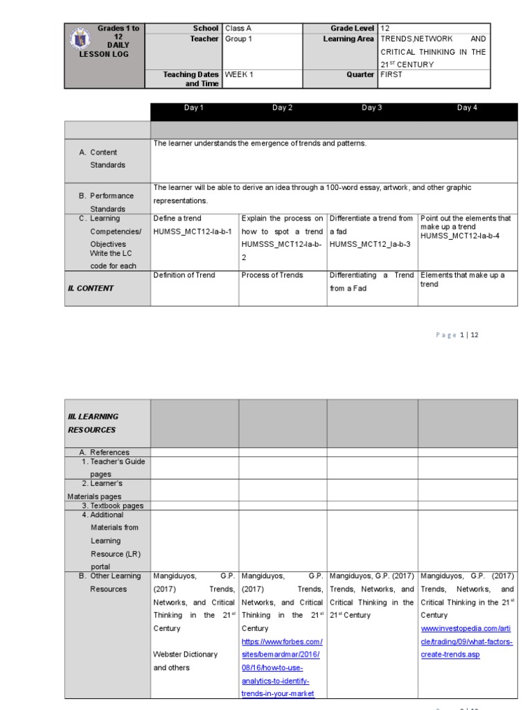 Week 1 Lesson Plan: Trends & Critical Thinking | PDF | Essays ...