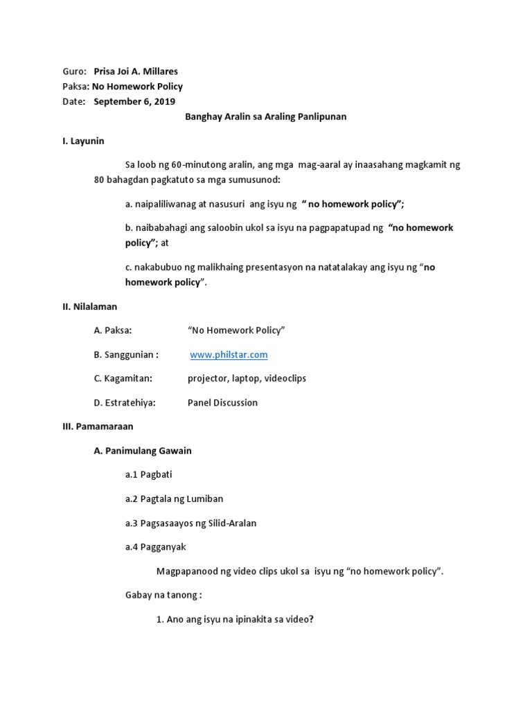 Banghay Aralin Sa No Homework Policy | PDF