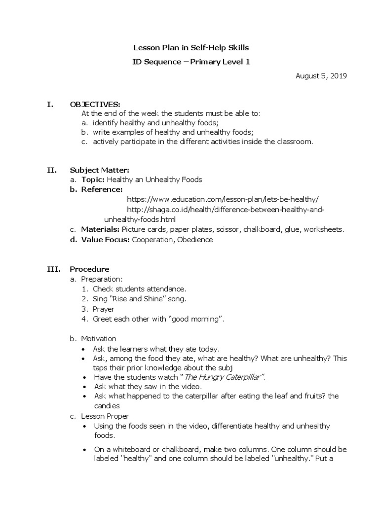 COT lesson plan 1 healhty and unhealthy food Lesson Plan Healthy Diet