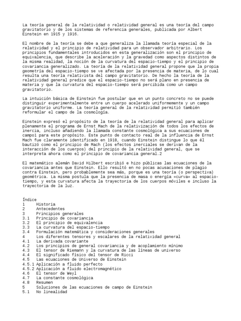 Teoria de La Relatividad General PDF Relatividad general Teoría