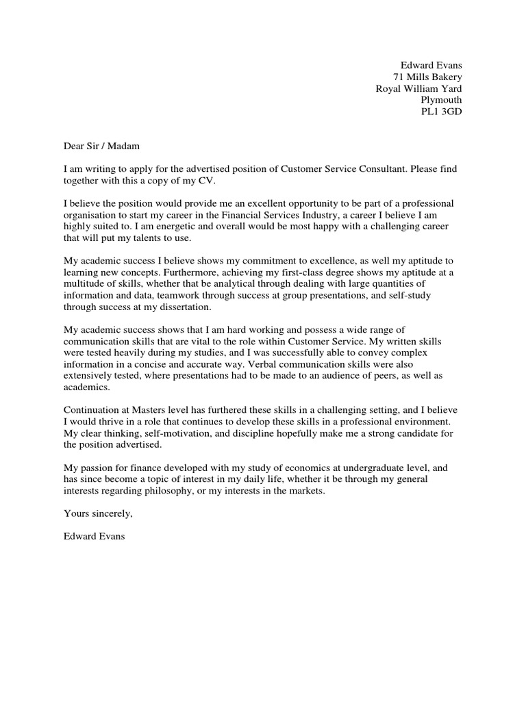 HSBC Customer Servce Cover Letter