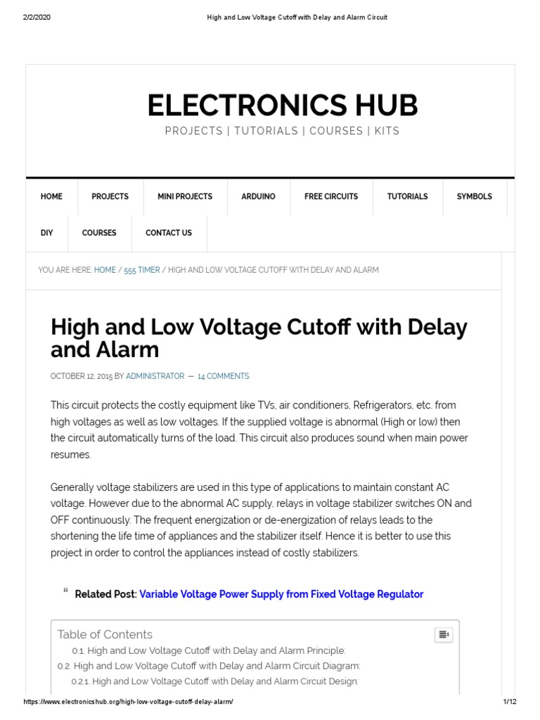 High and Low Voltage Cutoff With Delay and Alarm Circuit PDF PDF Electrical Equipment