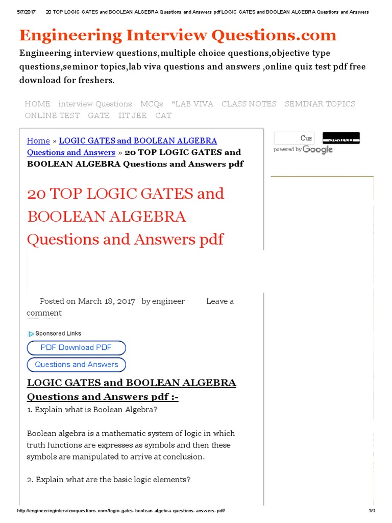 20 top logic gates and boolean algebra questions and answers pdf logic