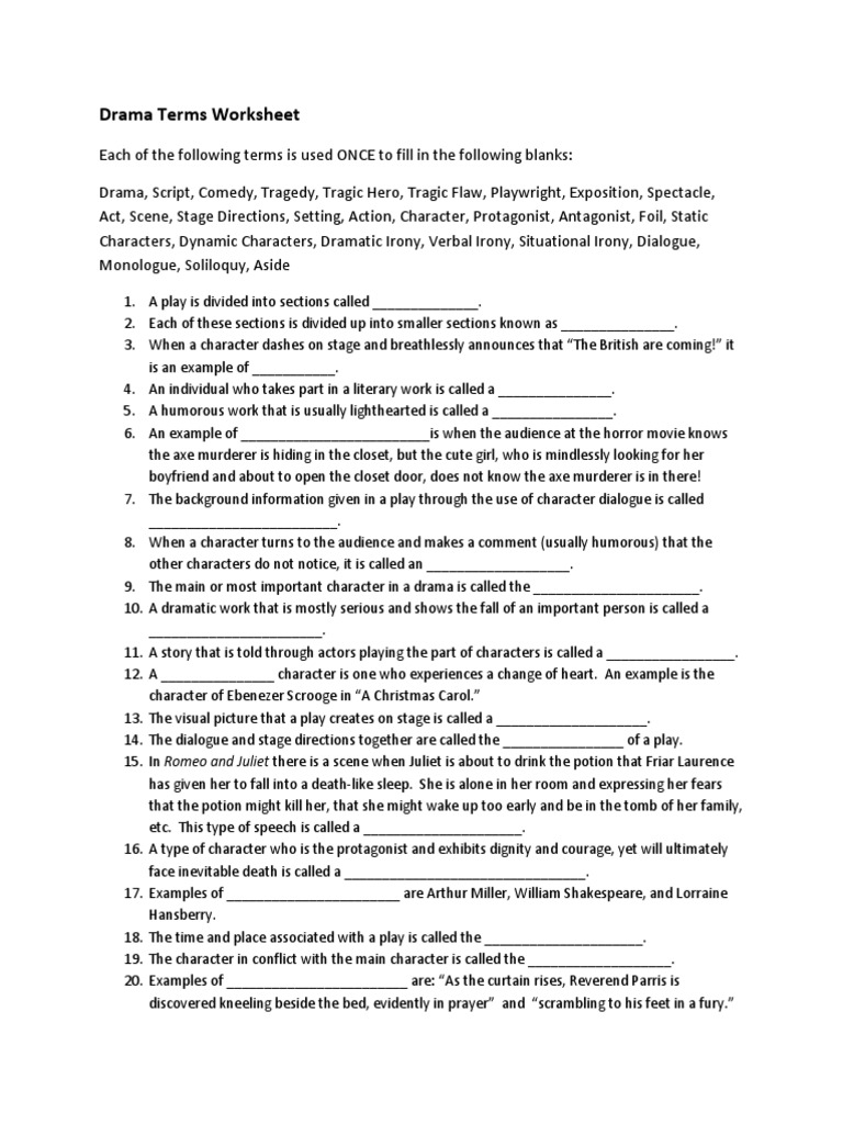 Drama Terms Worksheet Play Theatre Tragedy Drama Terms Worksheet Play Theatre Tragedy