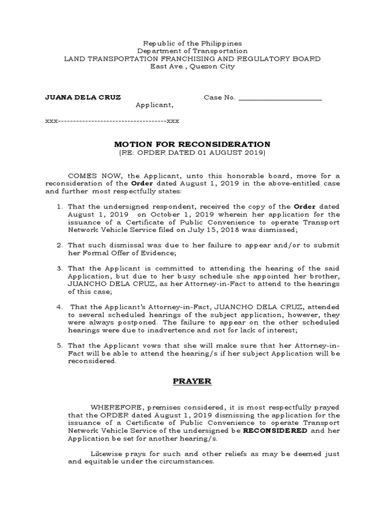 Motion For Reconsideration TNVS Franchise LTFRB