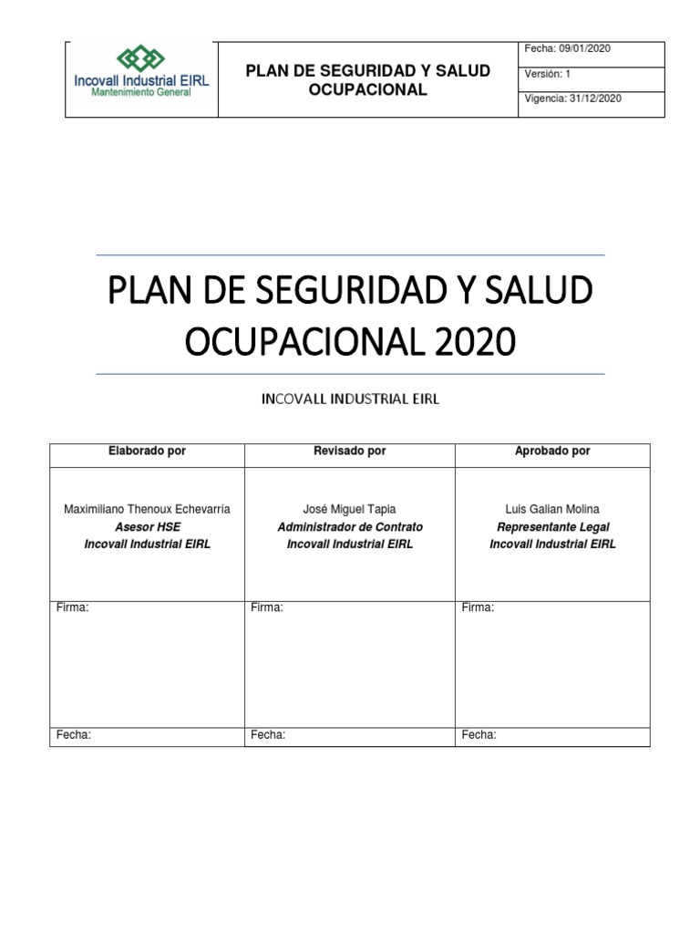 Plan de Seguridad y Salud Ocupacional 2020 | PDF | Seguridad y salud ...