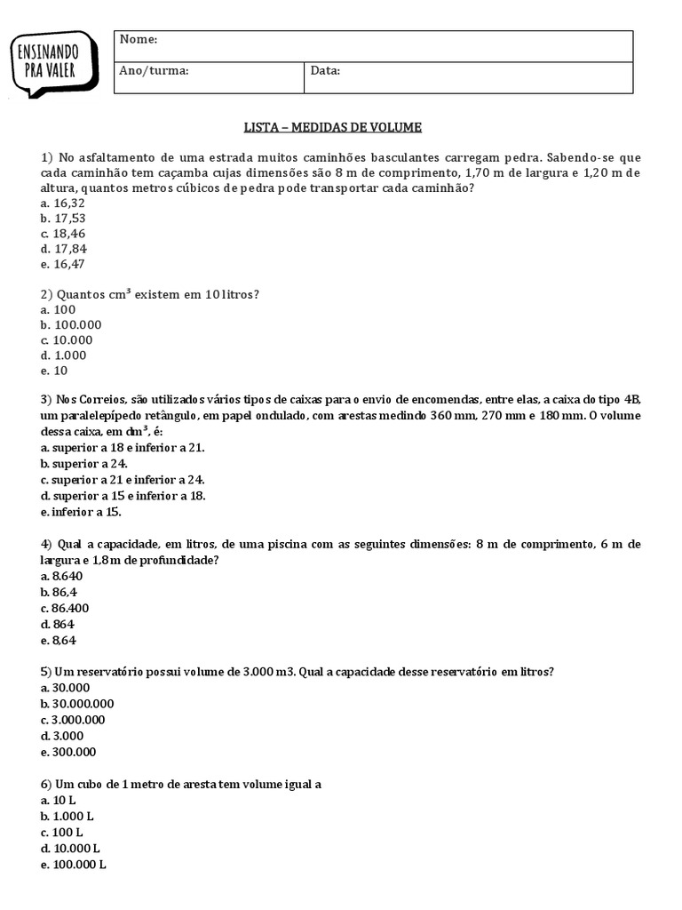 Exercícios de Volume para 7º Ano | PDF | Casa e Jardim | Ciências e ...
