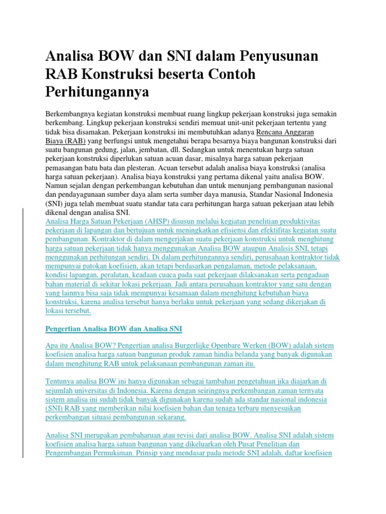 Analisa BOW dan SNI dalam RAB Konstruksi | PDF | Teknologi & Rekayasa