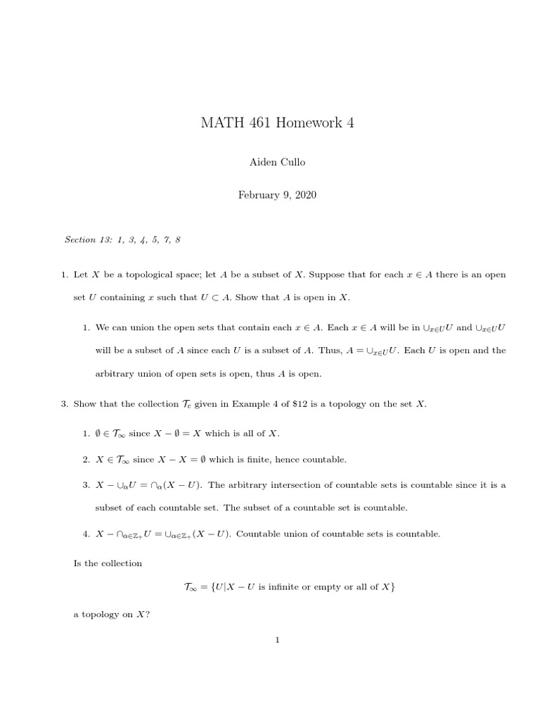 MATH 461 Homework 4 Solutions | PDF | Empty Set | General Topology
