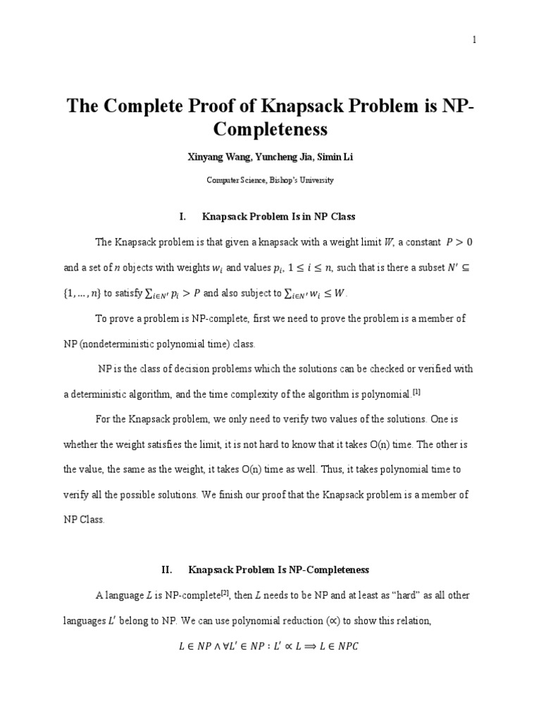 The Complete Proof of Knapsack Problem Is NP Completeness PDF