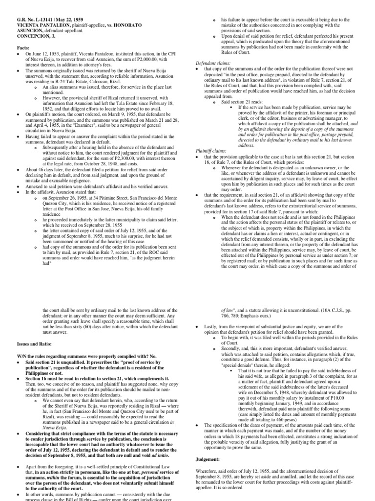 Pantaleon V Asuncion Pdf Service Of Process Summons