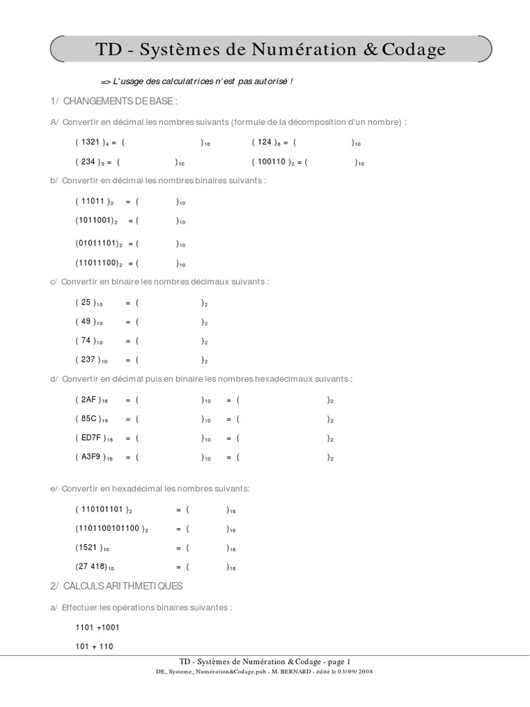 Système De Numération Cours Et Exercices Corrigés Pdf TD E Systeme Numeration Et Codage | PDF | Décimal codé binaire | Nombre