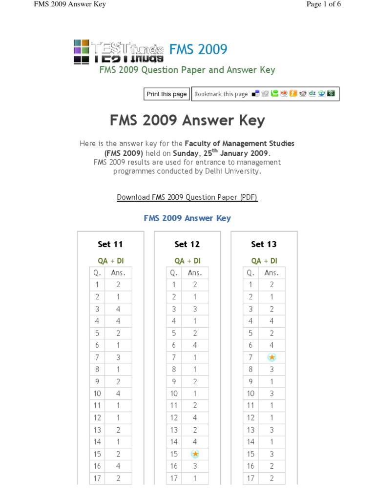 FMS 2009 Question Paper and Answer Key | PDF